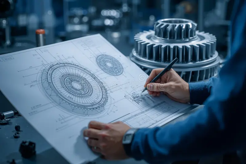 mechanical-engineer-analyzes-design-plans-examining-metal-components-workshop-environment-studies-detailed-inspects-413232975 Mechanical engineer analyzes design plans examining metal components workshop environment studies detailed inspects 413232975